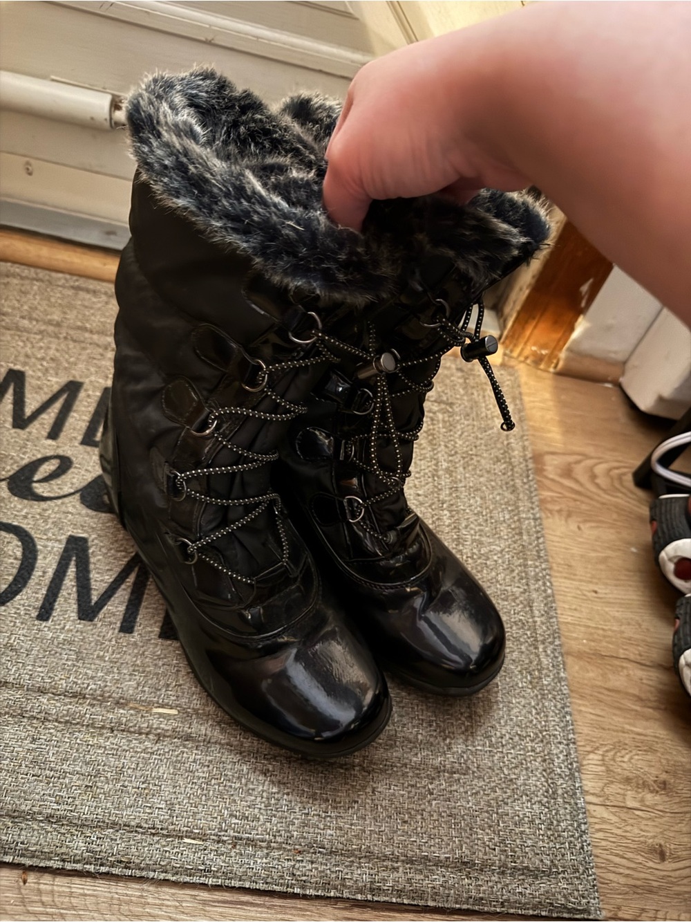 VM Black Faux Fur Trim Lace-Up Winter Boots